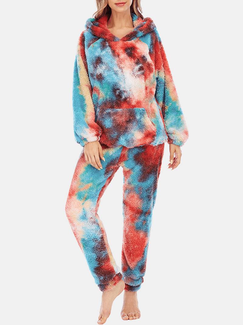 Naisten Solmio Dye Fleece Kangaroo Taskuhupparihousut Koti Sleepweat Rento Pyjama-setti