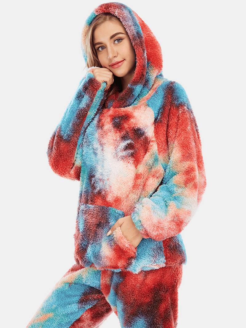 Naisten Solmio Dye Fleece Kangaroo Taskuhupparihousut Koti Sleepweat Rento Pyjama-setti