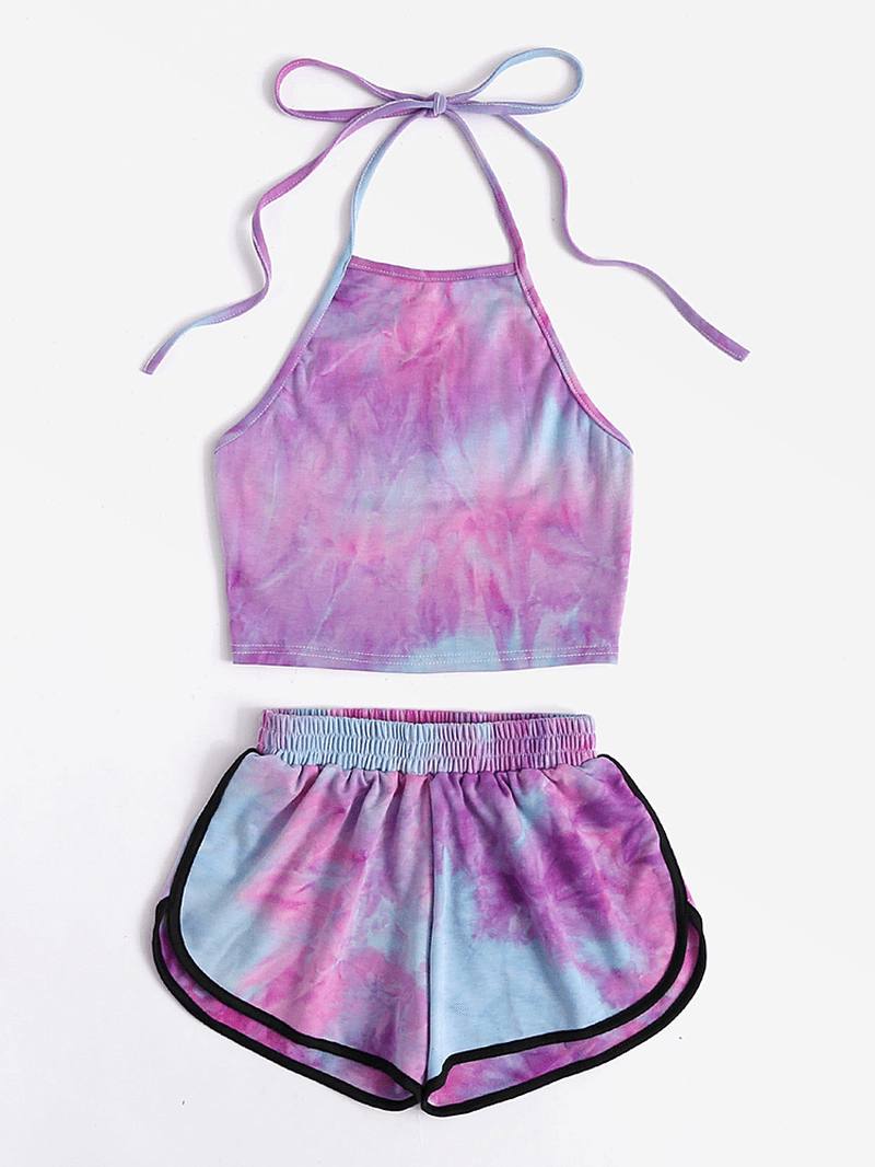 Naisten Tie Dye Loungewear Riimu Korkea Kaula Pehmeä Puuvilla Pyjamat Lyhyet Setit