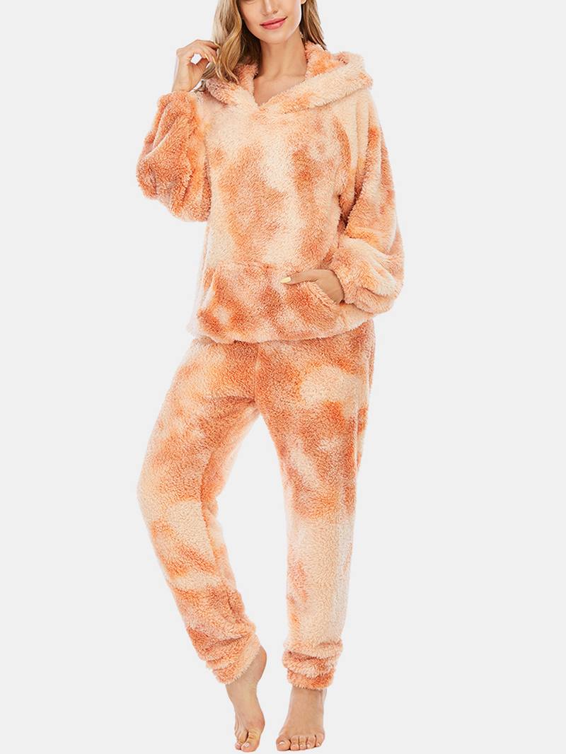 Naisten Tie Dye Pehmeä Pehmo Pitkähihainen Tasku Fleece Huppari Löysät Housut Koti Pyjamasetti