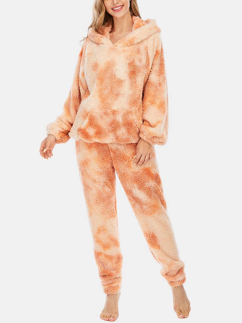 Naisten Tie Dye Pehmeä Pehmo Pitkähihainen Tasku Fleece Huppari Löysät Housut Koti Pyjamasetti