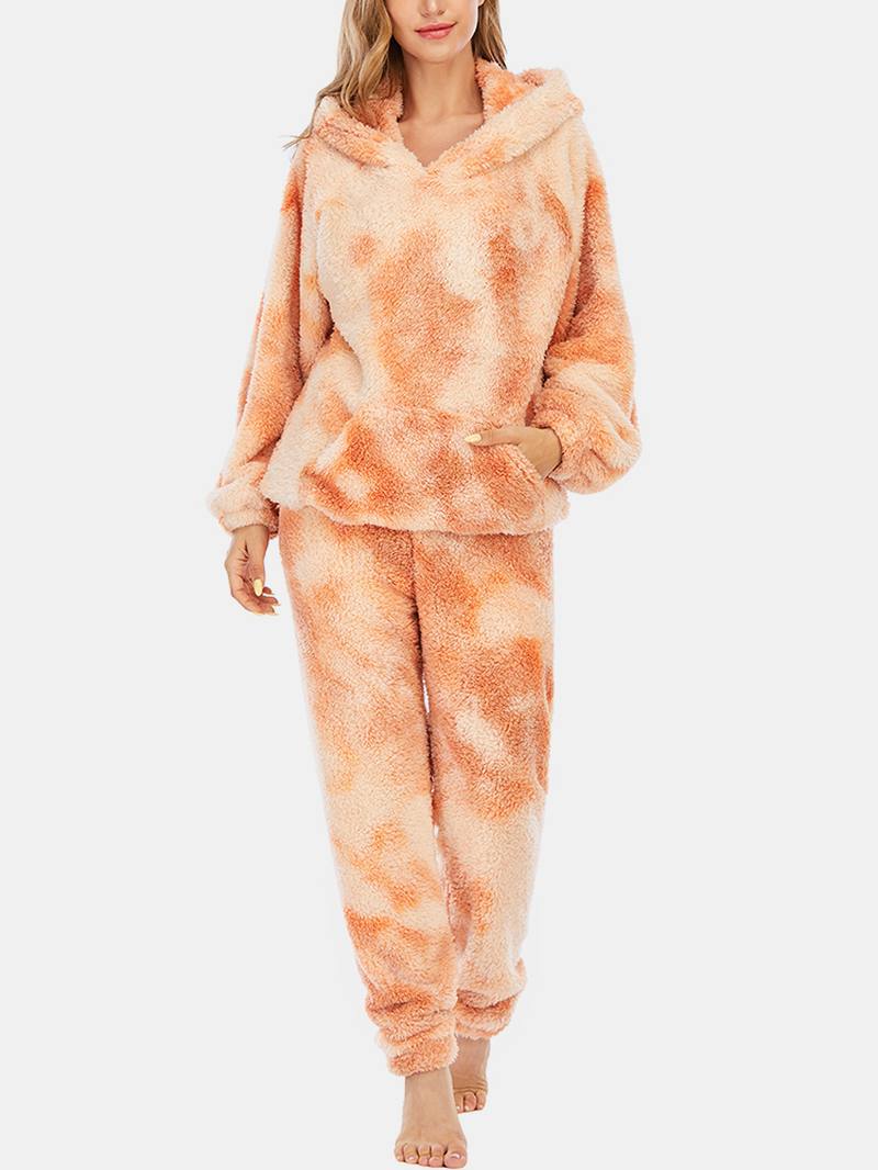 Naisten Tie Dye Pehmeä Pehmo Pitkähihainen Tasku Fleece Huppari Löysät Housut Koti Pyjamasetti