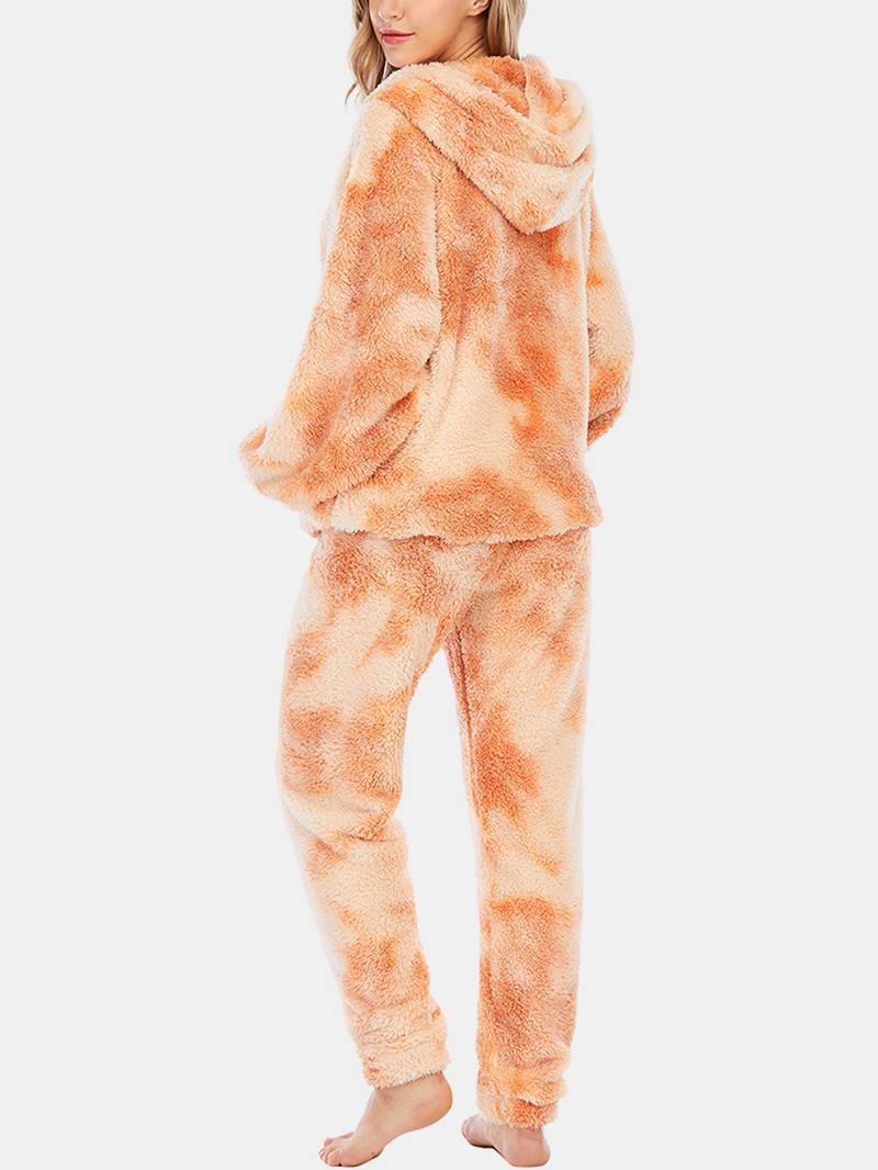 Naisten Tie Dye Pehmeä Pehmo Pitkähihainen Tasku Fleece Huppari Löysät Housut Koti Pyjamasetti