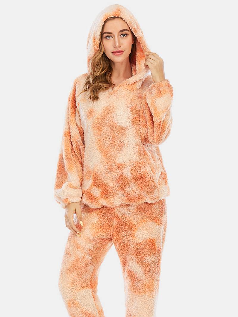 Naisten Tie Dye Pehmeä Pehmo Pitkähihainen Tasku Fleece Huppari Löysät Housut Koti Pyjamasetti