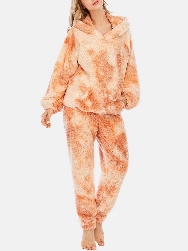 Naisten Tie Dye Pehmeä Pehmo Pitkähihainen Tasku Fleece Huppari Löysät Housut Koti Pyjamasetti