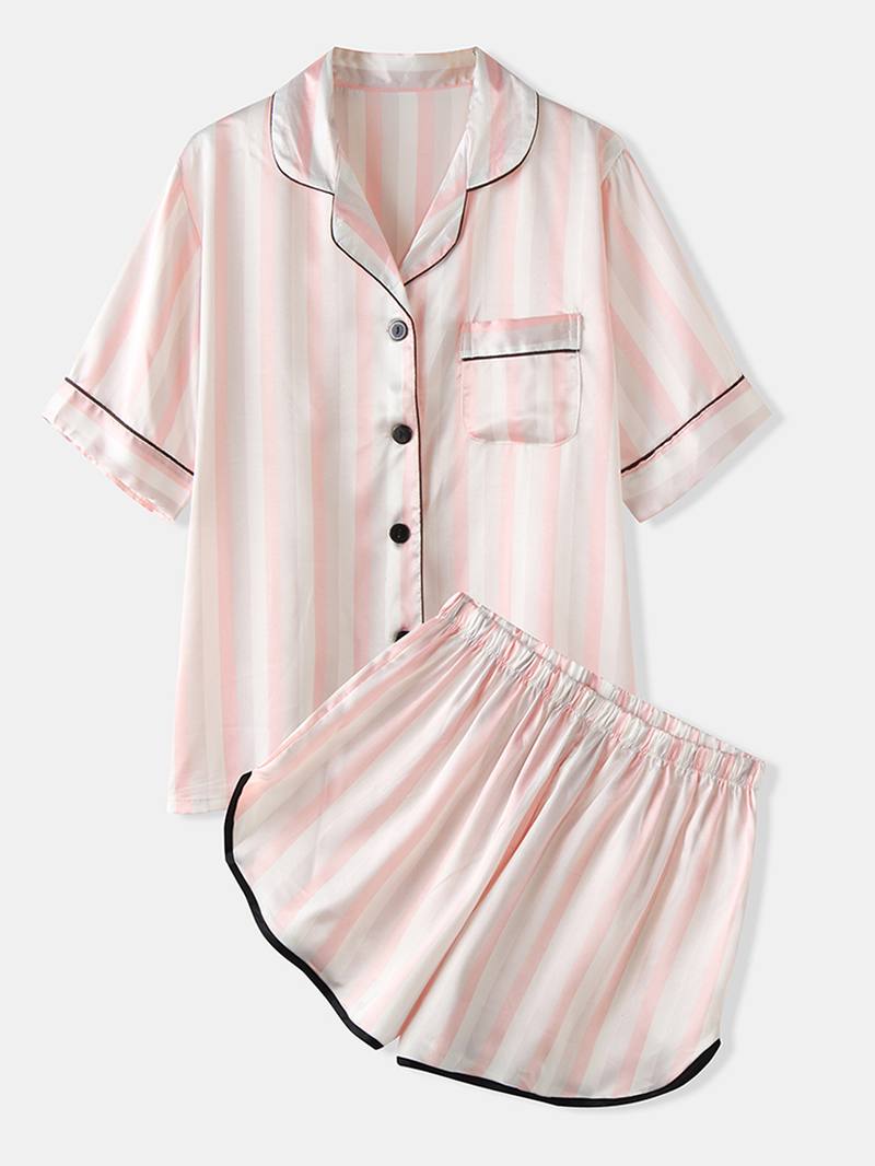 Naisten Värikäs Raidallinen Nappi Ylös Revere Kaulus Tasku Kotiin Ice Silk Pyjama Set