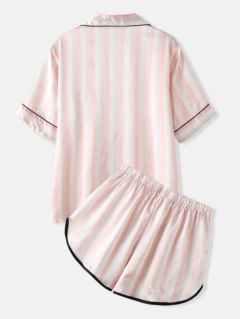 Naisten Värikäs Raidallinen Nappi Ylös Revere Kaulus Tasku Kotiin Ice Silk Pyjama Set