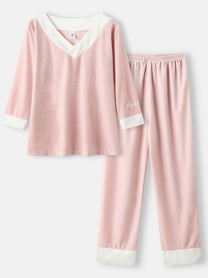 Naisten Velour Contrast V-kaula-kirjonta Ranneke Cozy Pyjamasetit