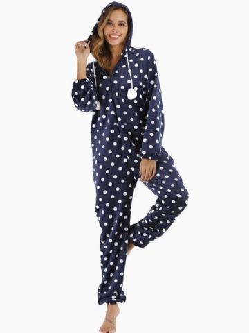 Navy Polka Dot Edessä Vetoketjullinen Huppari Haalari Rento Pyjama-setti