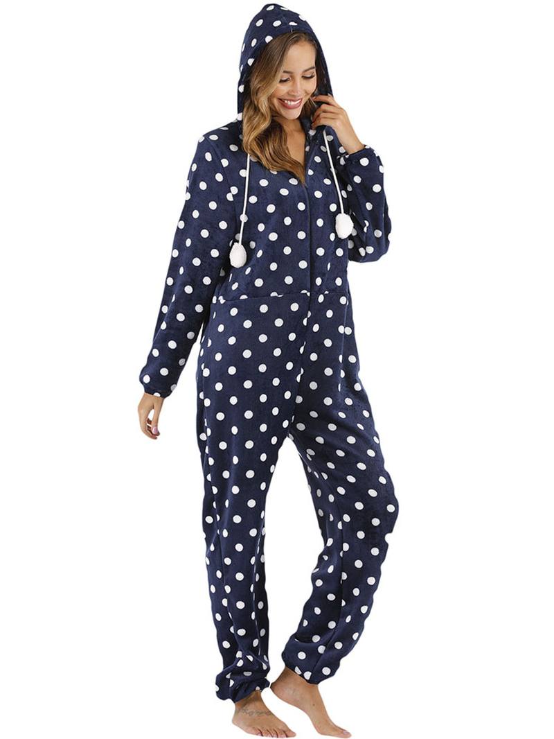 Navy Polka Dot Edessä Vetoketjullinen Huppari Haalari Rento Pyjama-setti