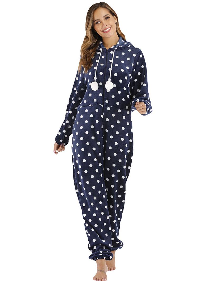 Navy Polka Dot Edessä Vetoketjullinen Huppari Haalari Rento Pyjama-setti