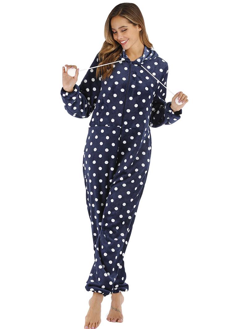 Navy Polka Dot Edessä Vetoketjullinen Huppari Haalari Rento Pyjama-setti