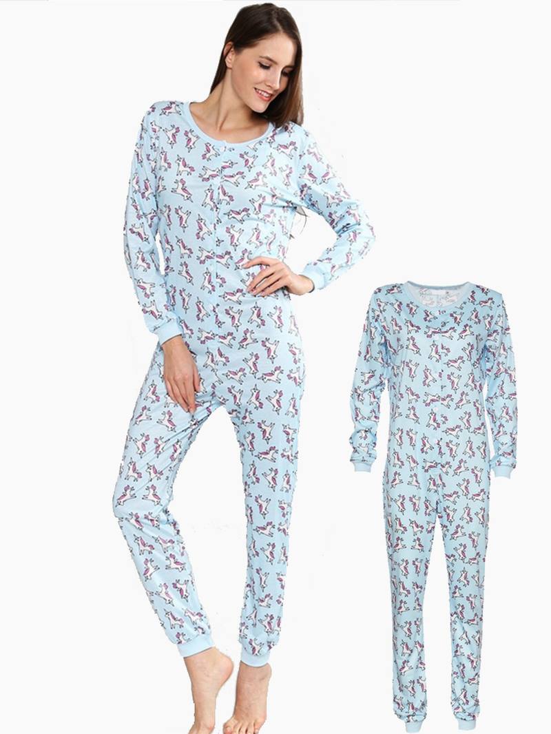 Pitkähihainen Unicorn Painatus Button-down O-neck Pyjama-setti