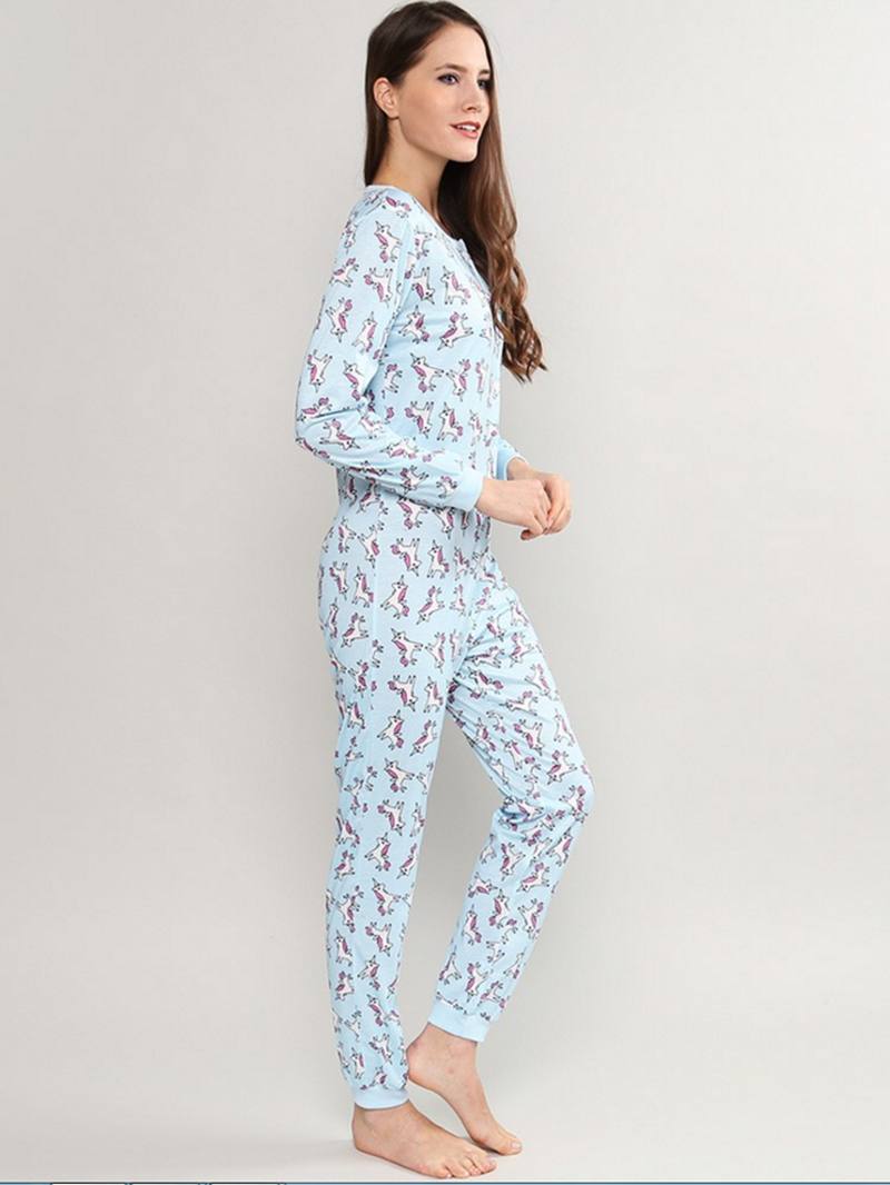 Pitkähihainen Unicorn Painatus Button-down O-neck Pyjama-setti