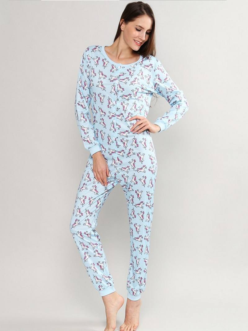 Pitkähihainen Unicorn Painatus Button-down O-neck Pyjama-setti