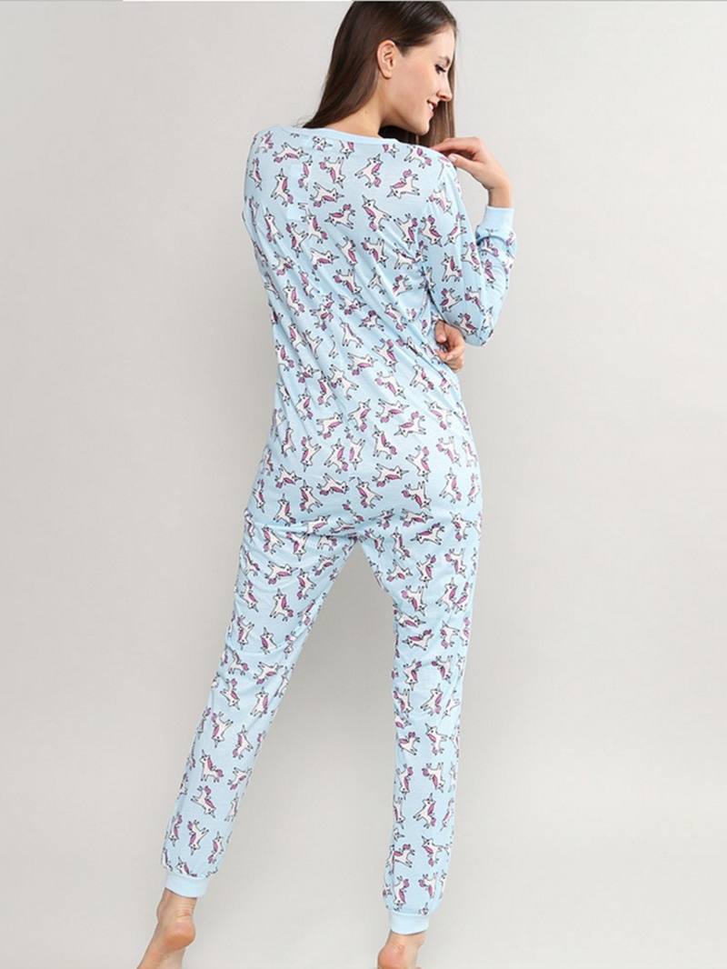 Pitkähihainen Unicorn Painatus Button-down O-neck Pyjama-setti