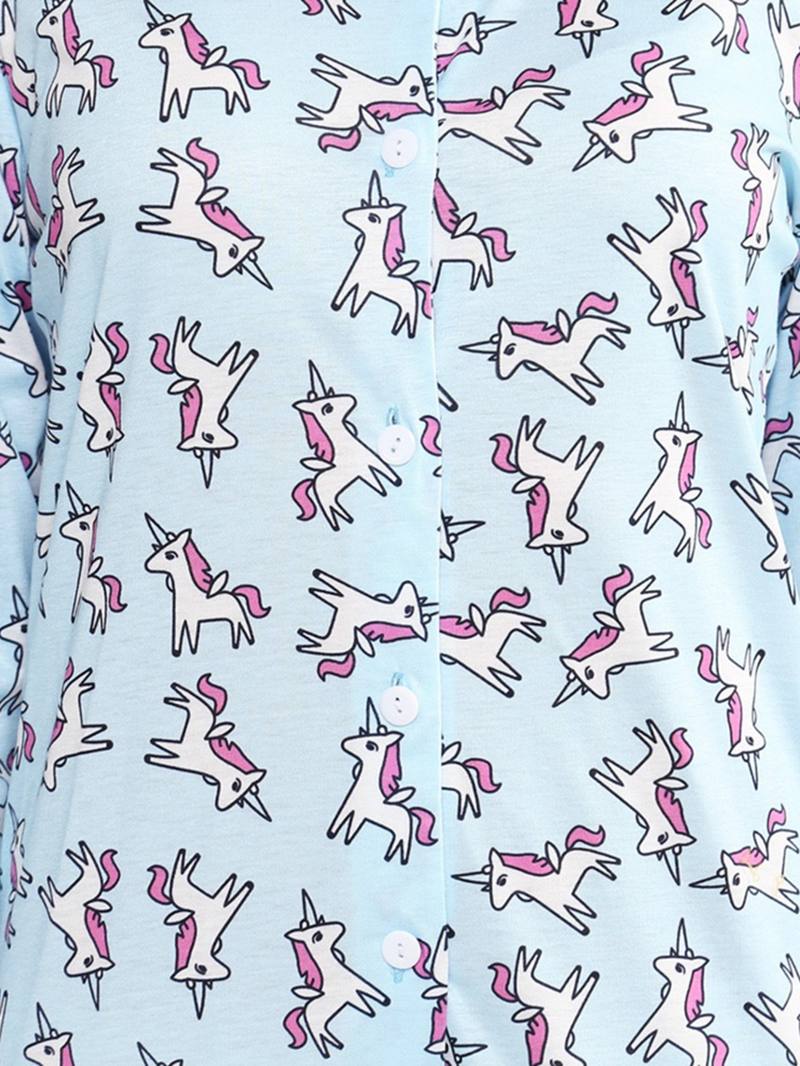 Pitkähihainen Unicorn Painatus Button-down O-neck Pyjama-setti