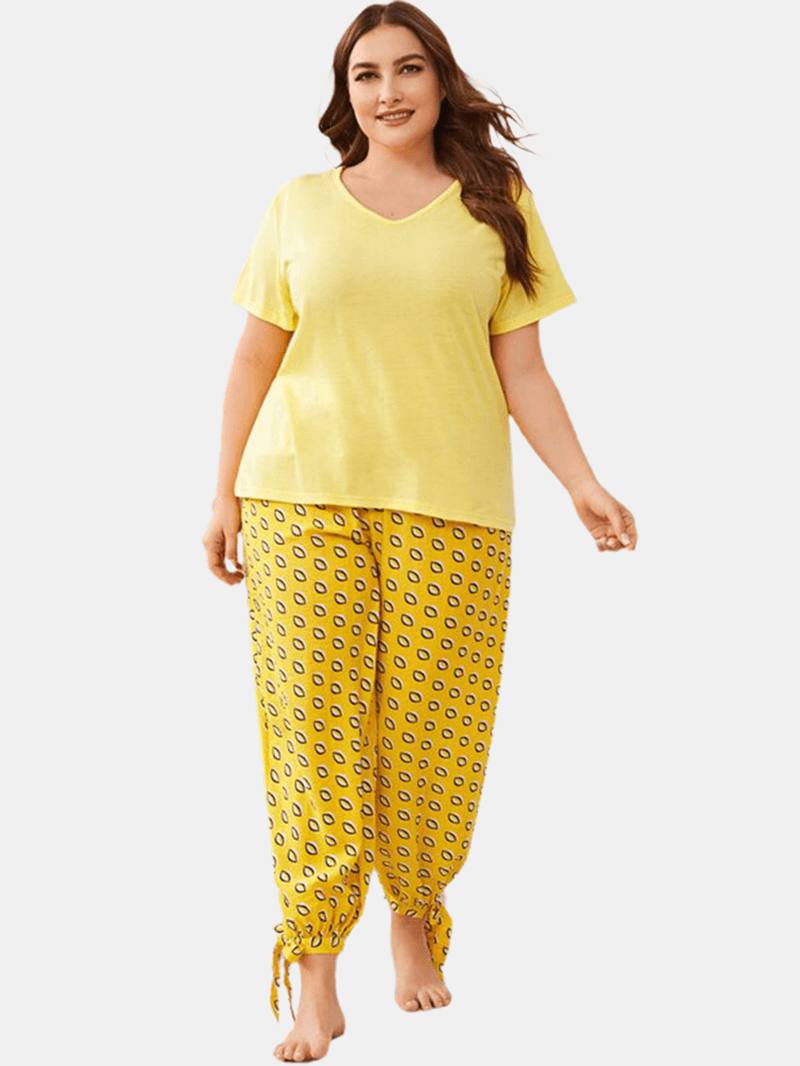 Plus Size Naisten Yksivärinen V-kaula-toppi Painatusti Kiristysnauha Tie Palkki Jalat Pitkät Housut Koti Pyjamasetit