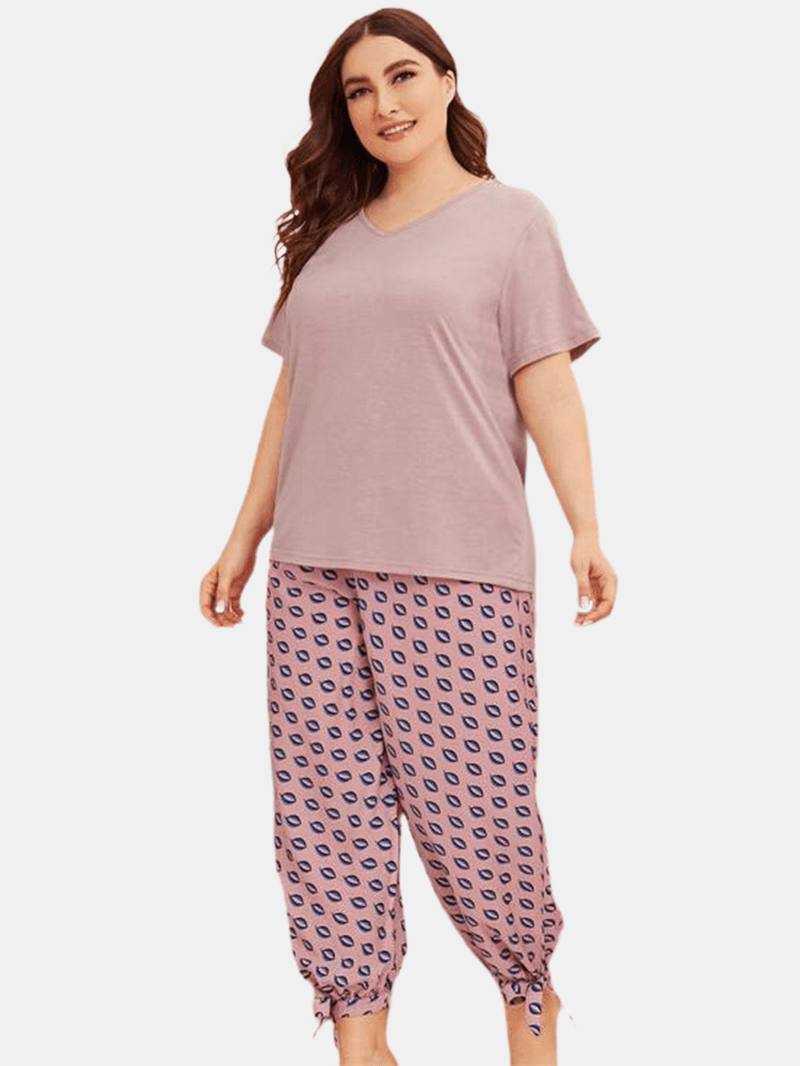 Plus Size Naisten Yksivärinen V-kaula-toppi Painatusti Kiristysnauha Tie Palkki Jalat Pitkät Housut Koti Pyjamasetit