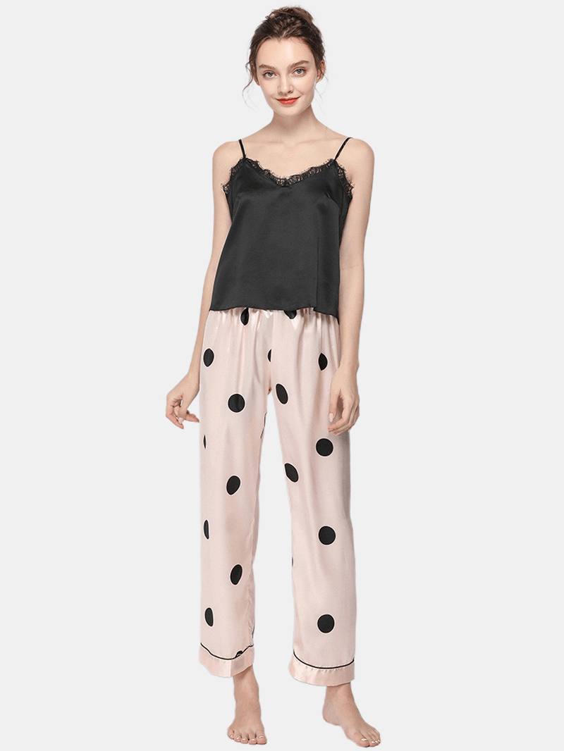 Polka Dot Spaghetti Straps Pitsireunuksella Selkänojaton Kevätasut Rento Pyjama-setti