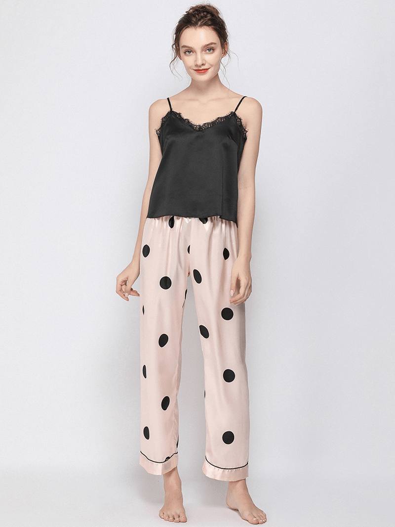 Polka Dot Spaghetti Straps Pitsireunuksella Selkänojaton Kevätasut Rento Pyjama-setti