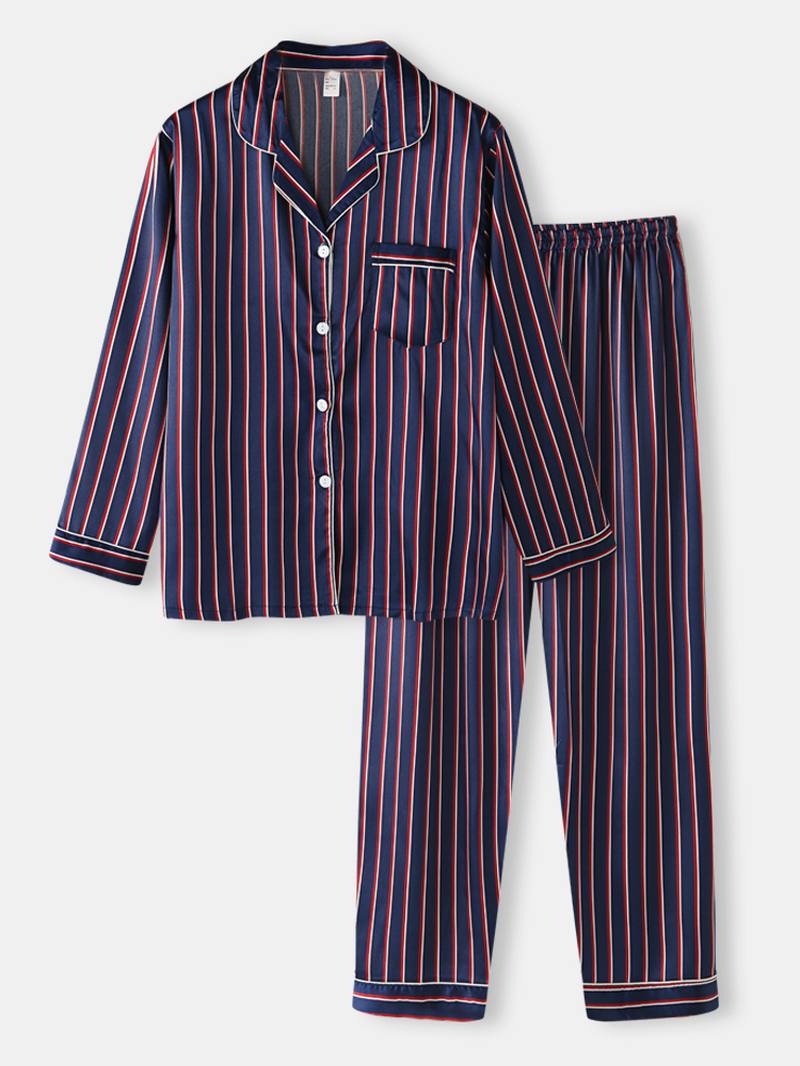 Stripe Camp Kaulus Tasku Pitkähihainen Elastinen Vyötärö Tekosilkki Kotipyjamasetit Naisille