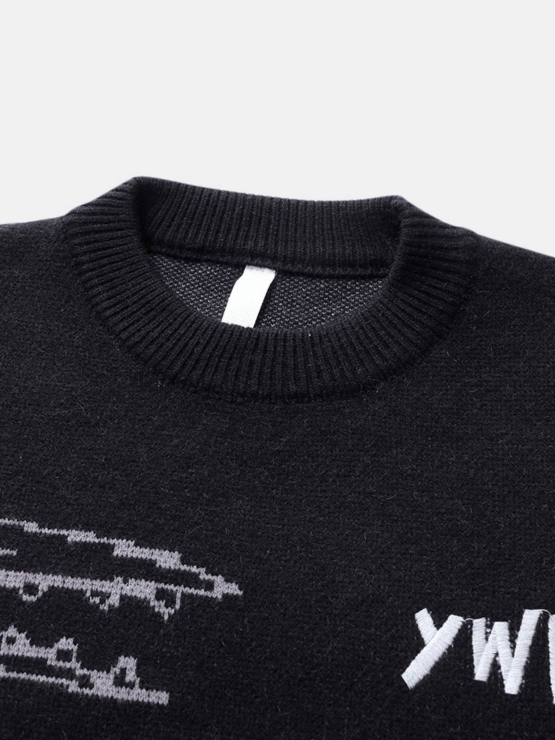 Miesten Sarjakuva Animal Letter Embroidery Crew Neck Ribbed Neulepuserot