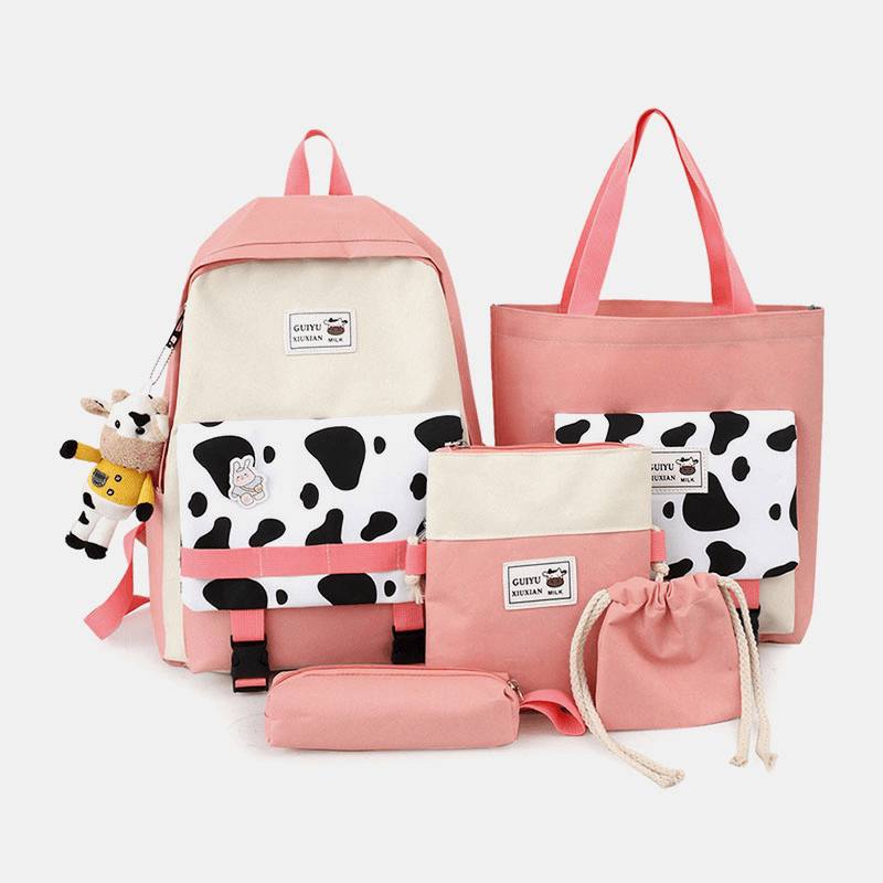 5 Kpl Canvas Preppy Cow Pattern Monitoiminen Yhdistelmälaukku Reppu Tote Crossbody Bag Kytkinlompakko