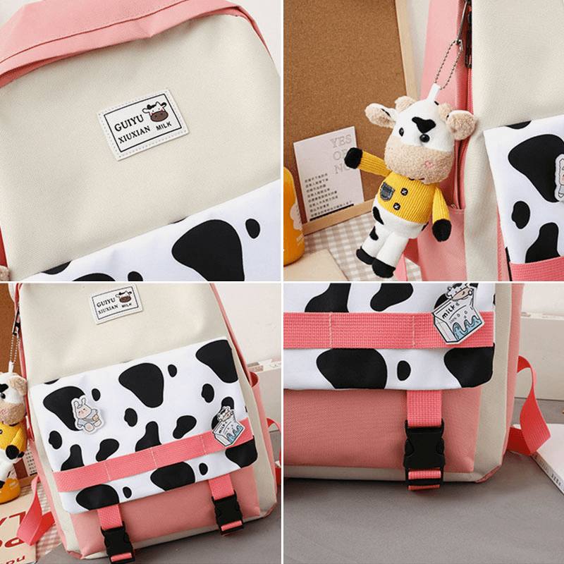 5 Kpl Canvas Preppy Cow Pattern Monitoiminen Yhdistelmälaukku Reppu Tote Crossbody Bag Kytkinlompakko