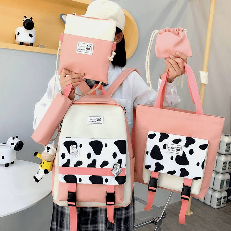 5 Kpl Canvas Preppy Cow Pattern Monitoiminen Yhdistelmälaukku Reppu Tote Crossbody Bag Kytkinlompakko