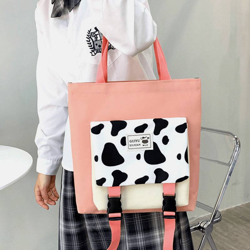 5 Kpl Canvas Preppy Cow Pattern Monitoiminen Yhdistelmälaukku Reppu Tote Crossbody Bag Kytkinlompakko