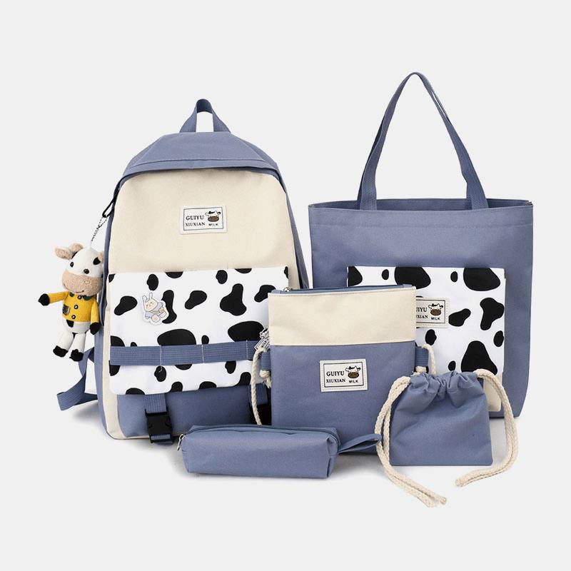 5 Kpl Canvas Preppy Cow Pattern Monitoiminen Yhdistelmälaukku Reppu Tote Crossbody Bag Kytkinlompakko