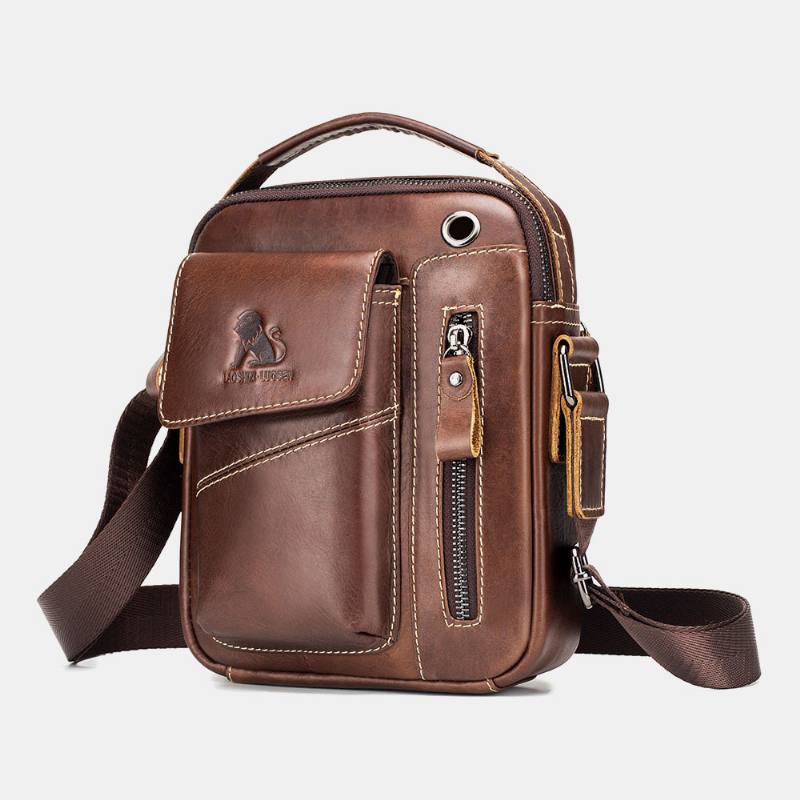 Miesten Aitoa Nahkaa Kulumista Kestävä Kuulokeaukko Multi-pocket Vintage Crossbody Bag Olkalaukku