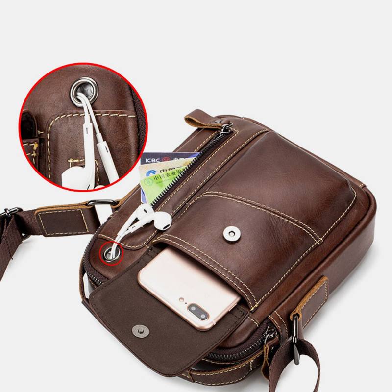 Miesten Aitoa Nahkaa Kulumista Kestävä Kuulokeaukko Multi-pocket Vintage Crossbody Bag Olkalaukku