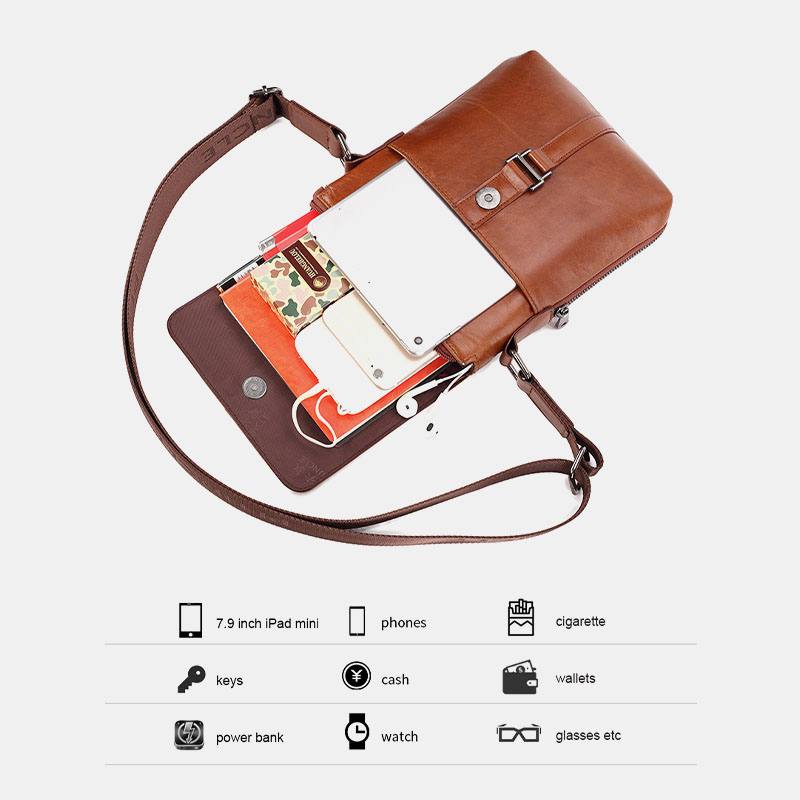 Miesten Ensimmäisen Kerroksen Lehmännahkainen Monitaskuinen Varkaudenesto Crossbody Olkalaukku Retro 7.9 Tuuman Ipad-laukku