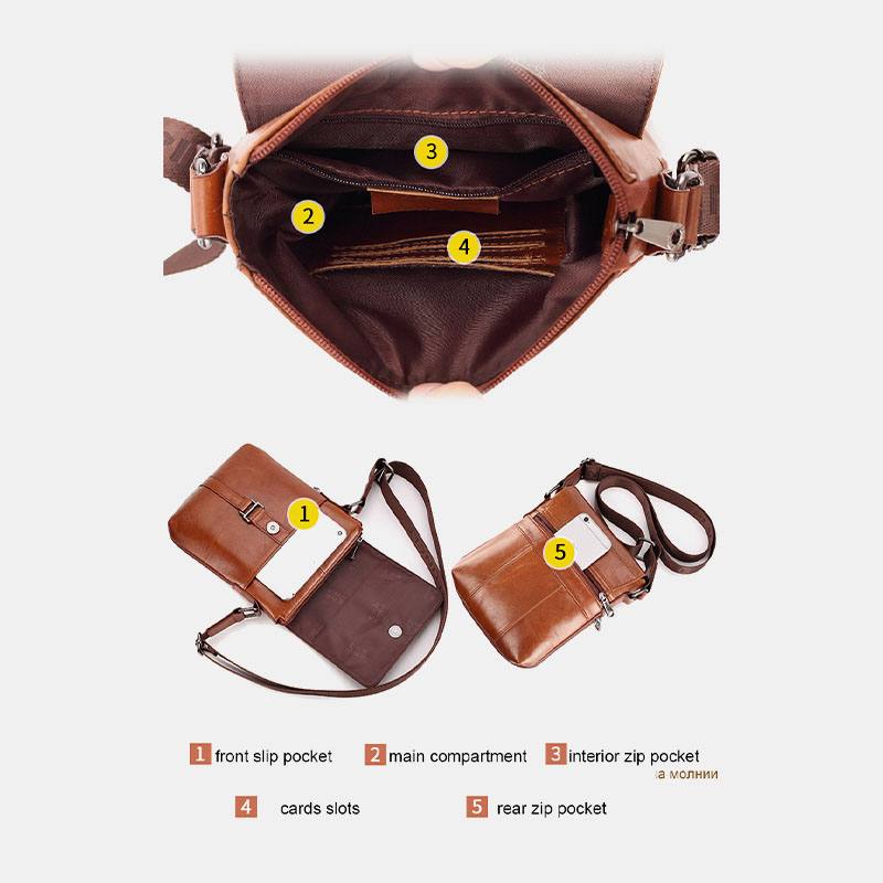 Miesten Ensimmäisen Kerroksen Lehmännahkainen Monitaskuinen Varkaudenesto Crossbody Olkalaukku Retro 7.9 Tuuman Ipad-laukku