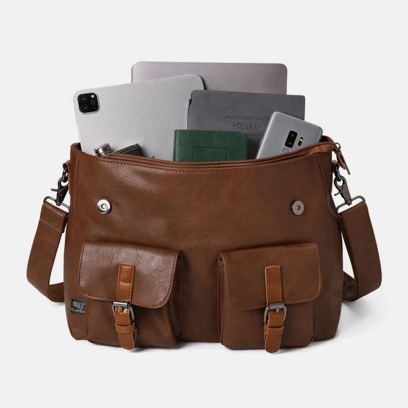 Miesten Vintage-monitoiminen Kaksinkertainen Etutasku Opettajalaukun Salkku 14 Tuuman Kannettavan Tietokoneen Laukku Crossbody Olkalaukku