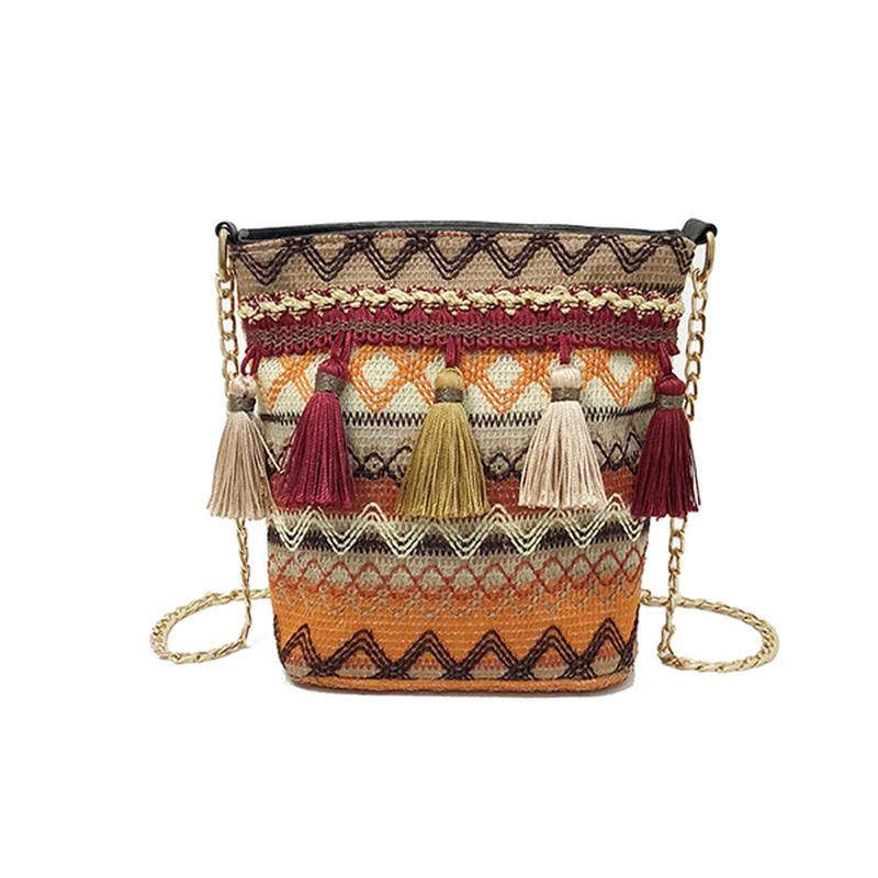 Naiset Weaving Tassel National Crossbody Bag Tyylikäs Bucket Bag