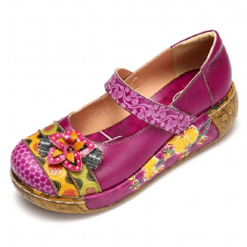 Naisten Aitoa Nahkaa Folkways Vintage Flowers Hook Loop Summer Platform Wedge Sandaalit