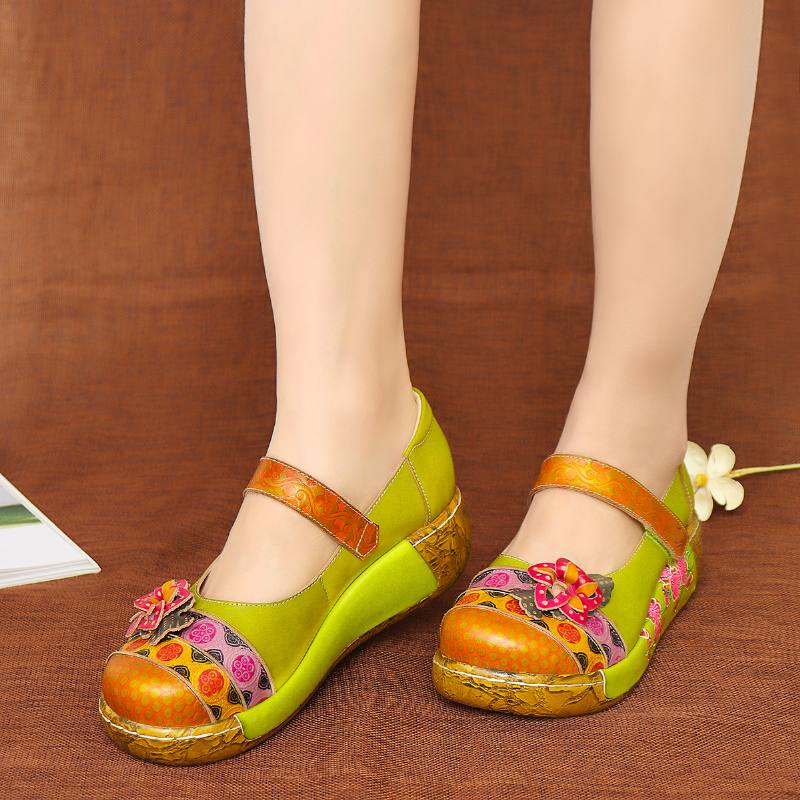 Naisten Aitoa Nahkaa Folkways Vintage Flowers Hook Loop Summer Platform Wedge Sandaalit