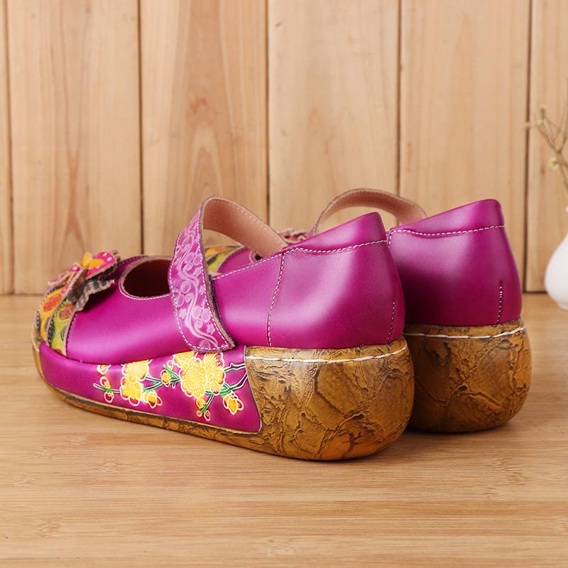 Naisten Aitoa Nahkaa Folkways Vintage Flowers Hook Loop Summer Platform Wedge Sandaalit