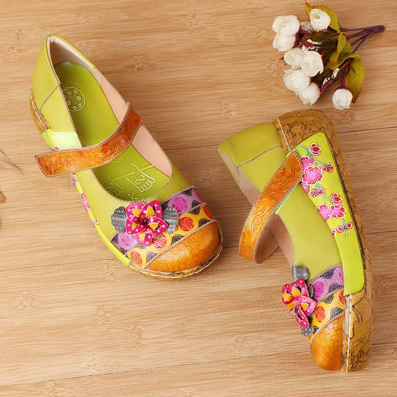 Naisten Aitoa Nahkaa Folkways Vintage Flowers Hook Loop Summer Platform Wedge Sandaalit