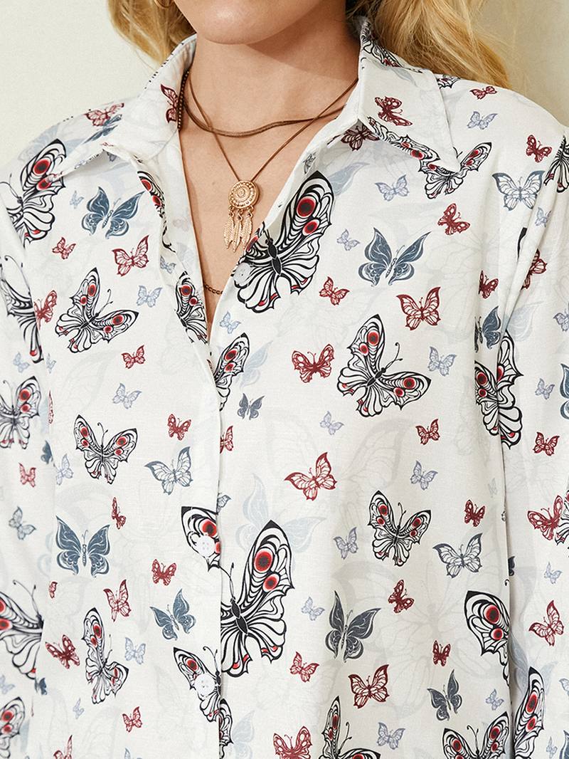 Naiset Kaikkialla Butterfly Painatus Button Up Valkoinen Rento Paita