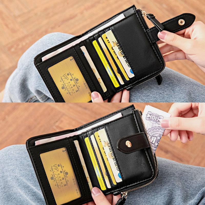 Naisten Pu-nahkainen Bifold Hasp Multi-card Slot Retro Lyhyt Korttipidike Kytkinlompakot Rannehihnalla