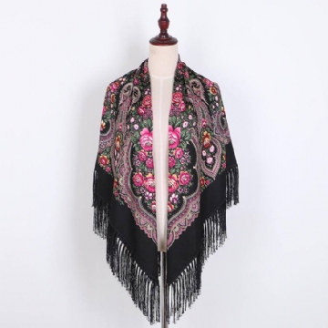 Etninen Twill Puuvilla Fringed Neliömäinen Huivi Retro Shawl Painatus Huivi