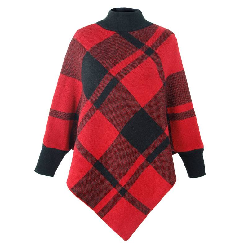 Väri Block Check Cape Bat Sleeve Pullover Neulottu Huivi