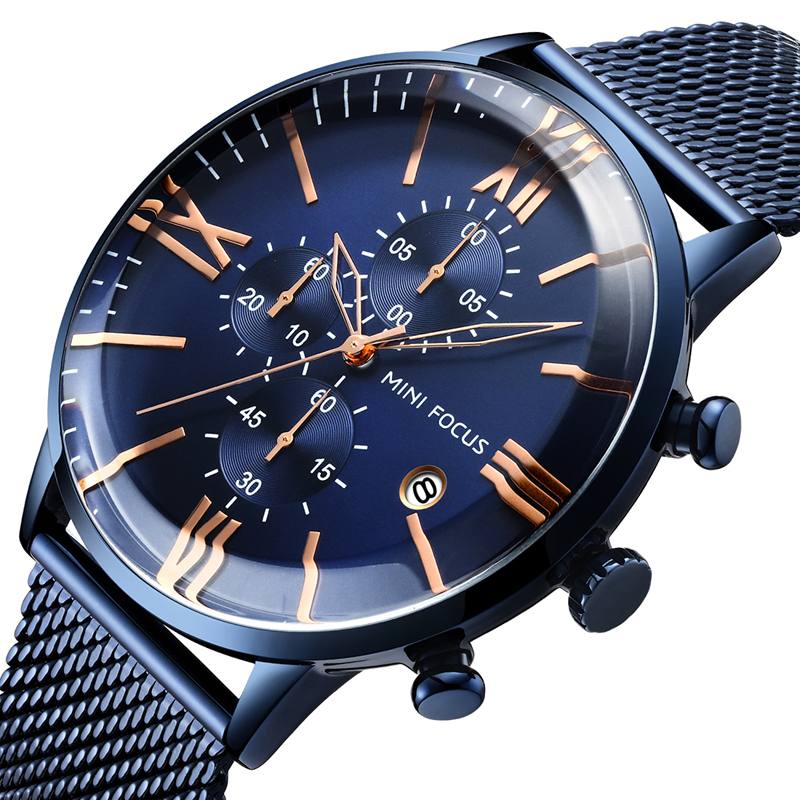 Business Chronograph Calendar Mesh Steel Quartz Watch Miesten Rannekello