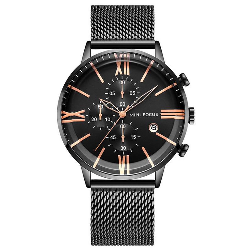 Business Chronograph Calendar Mesh Steel Quartz Watch Miesten Rannekello