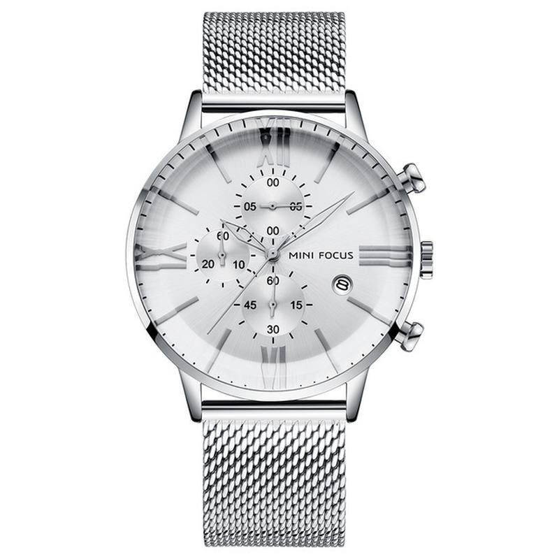 Business Chronograph Calendar Mesh Steel Quartz Watch Miesten Rannekello