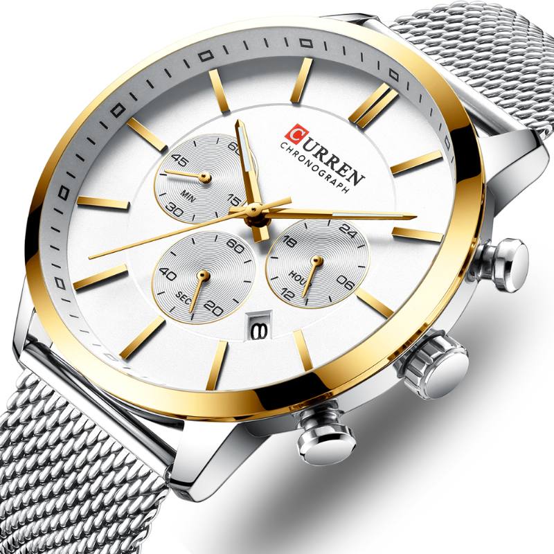 Chronograph Calendar Miesten Rannekello Mesh Steel Band Quartz Watch